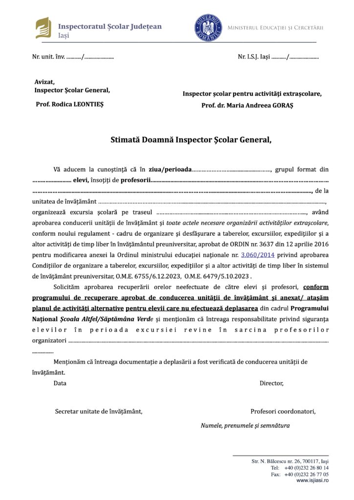ISJ Iași a publicat cererea-tip pentru aprobarea excursiilor școlare în anul 2026-2027: ce documente sunt necesare